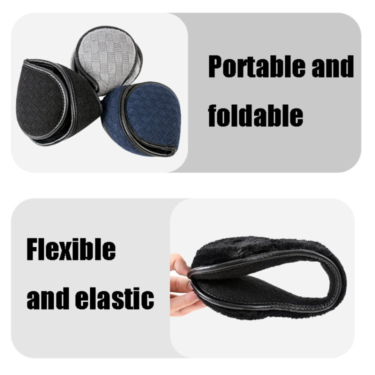 Foldable plush earmuffs with ear bags, black and navy/grey pads