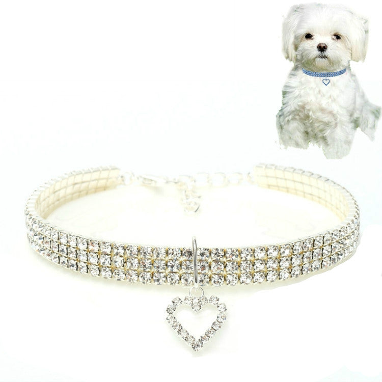 White jeweled elastic pet collar with heart charm pendant and buckle clasp