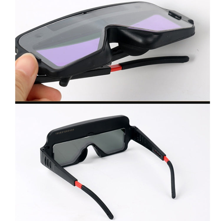 Black welding safety goggles, purple lens with side view and head strap