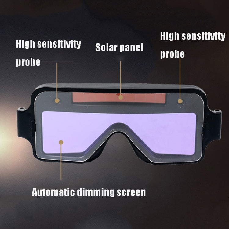 Black welding goggles with auto-dimming screen and purple tinted protective lens