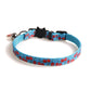 Blue cherry pattern cat collar with black buckle and small bell charm