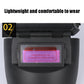 Close-up of auto-darkening filter window on dark welding helmet