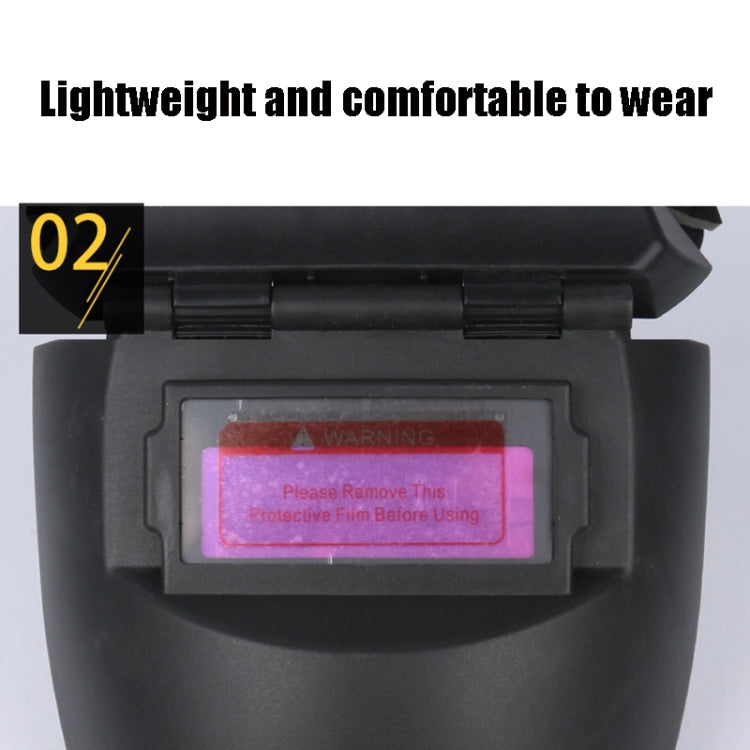Close-up of auto-darkening filter window on dark welding helmet