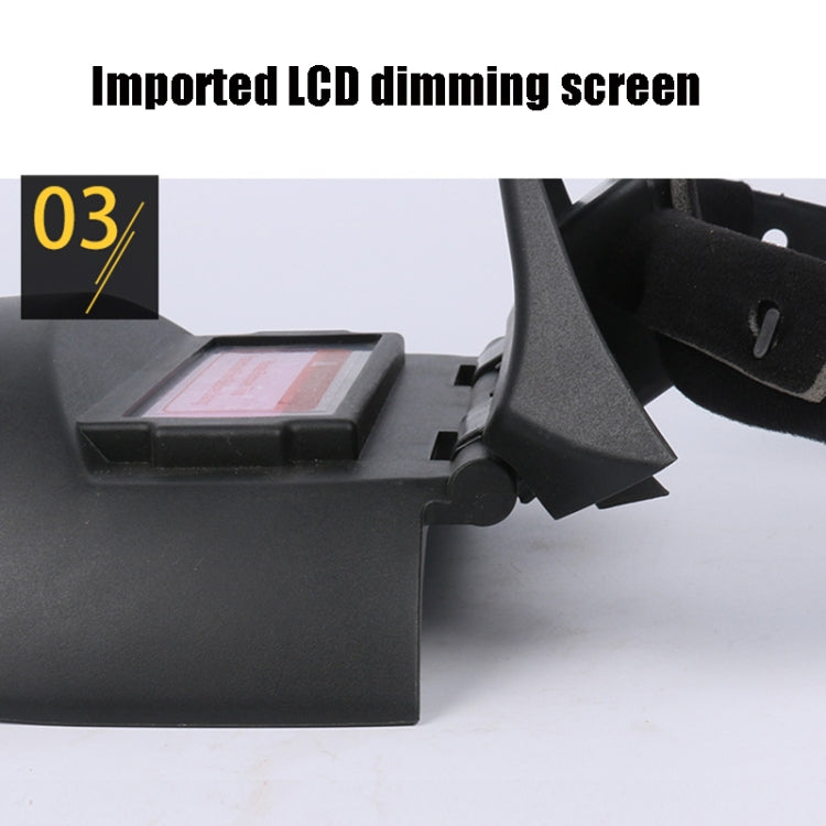 Close-up of auto-darkening viewing window on dark welding helmet