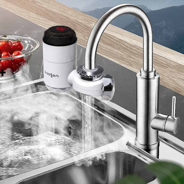 White and chrome electric instant hot water faucet with water flow and sink base setup