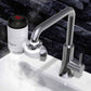 White electric instant hot water faucet installed over sink with steady water stream