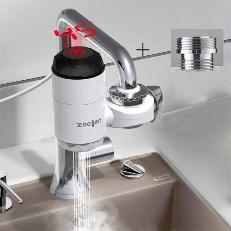 White electric instant hot water faucet with leak-protection connector piece beside spout