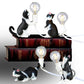 Set of cat figurine mini night light table lamps with glowing bulbs, dark gray and white cats