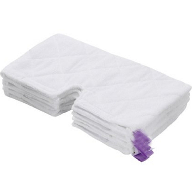 Pair of white microfiber steam mop replacement pad covers, stacked with purple tabs