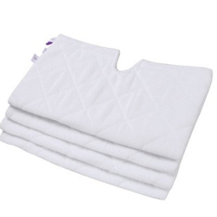 Stack of white microfiber steam mop pad covers with purple clip tabs and notched edge