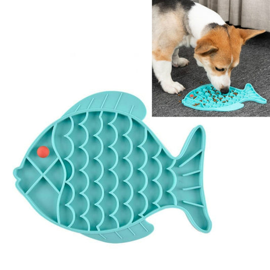 Silicone fish-shaped anti-choke slow food mat, teal blue with raised channels