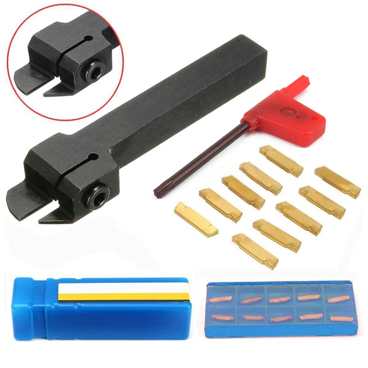 Lathe turning tool holder with dark gray insert clamps and gold cutting inserts