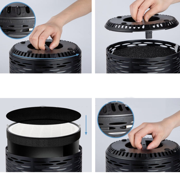 Hands installing a round foam filter into a black air purifier top housing