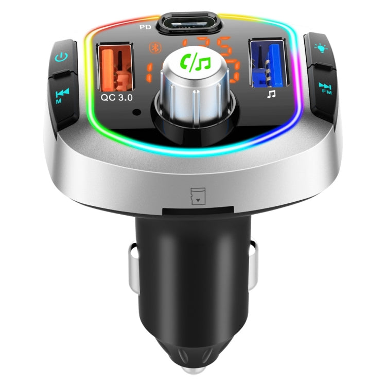 Car Bluetooth FM MP3 player adapter with PD USB-C, QC 3.0, and RGB light ring.