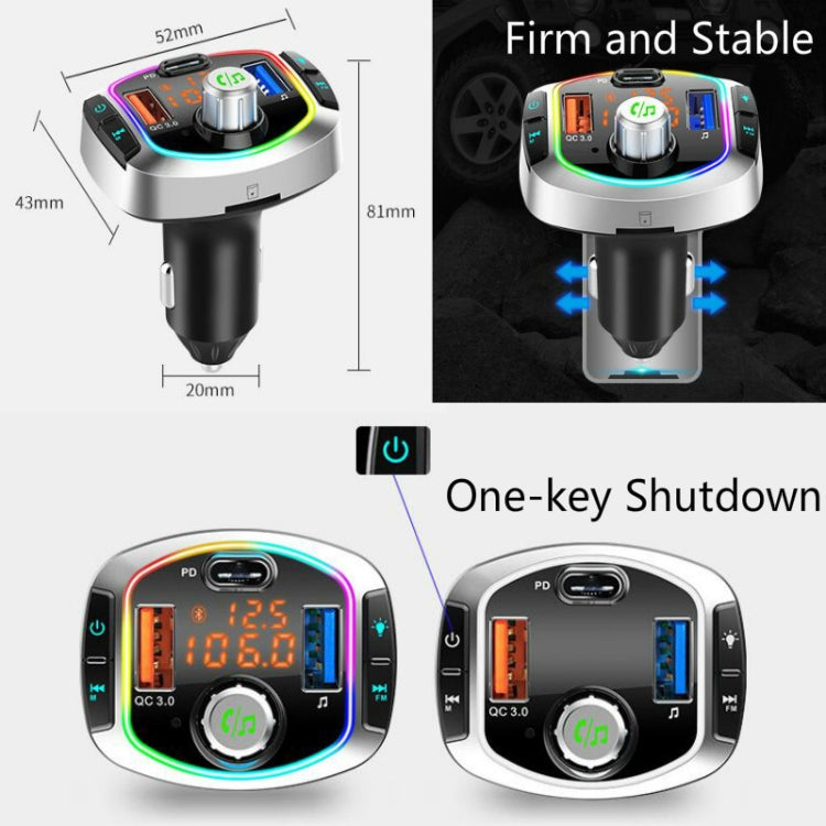 Car Bluetooth MP3 player adapter with multi-port controls, RGB ring, and size guides.