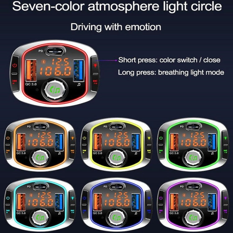 Car Bluetooth MP3 player adapter with seven-color light circle illumination options.