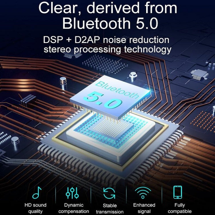 Bluetooth audio processing chip on a circuit board with multi-signal icons.