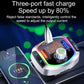 Car Bluetooth MP3 player adapter on dashboard with bright RGB ring and charging ports.