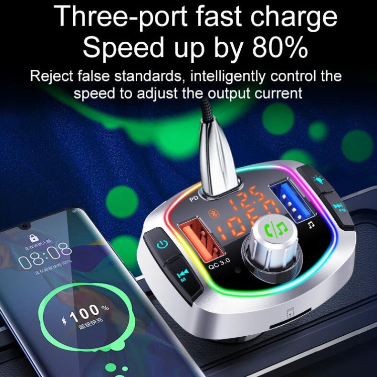 Car Bluetooth MP3 player adapter on dashboard with bright RGB ring and charging ports.