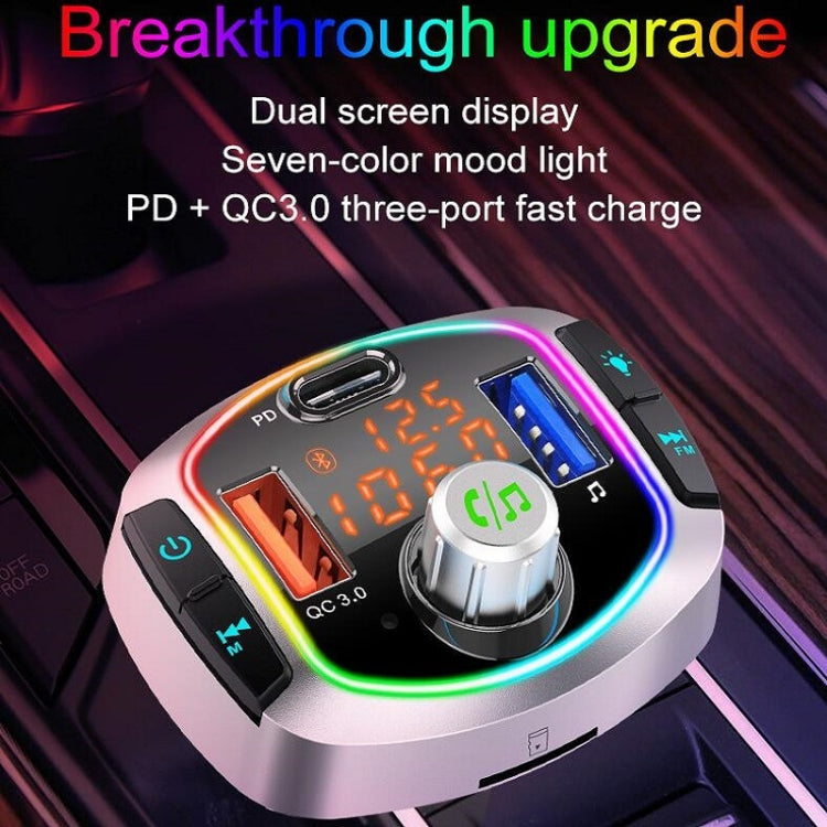 Car Bluetooth MP3 player adapter with dual display screen and RGB mood light accents.