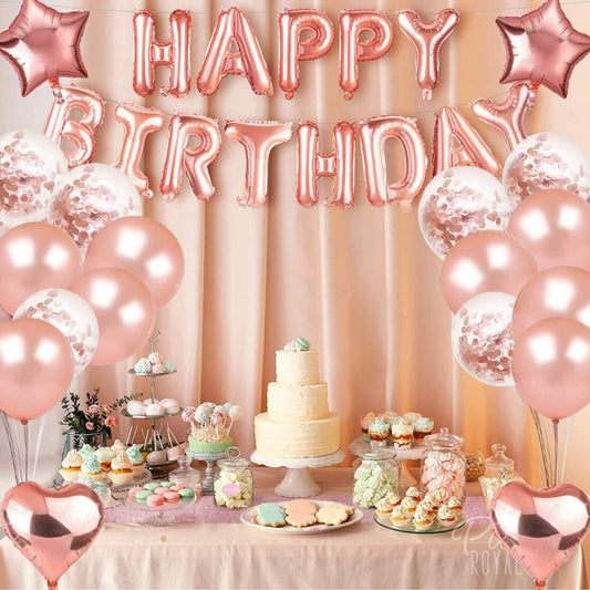 Rose gold Happy Birthday balloon set with latex balloons, confetti balloons, and foil heart/star
