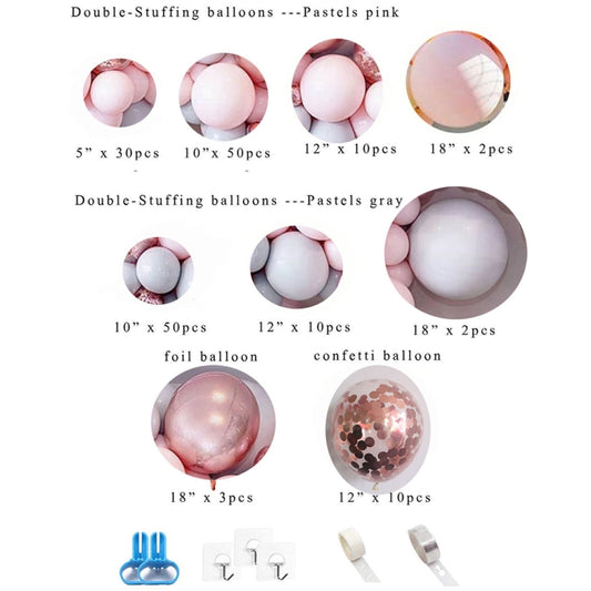 Balloon size chart: double-stuff pastels pink/gray plus foil and confetti balloons