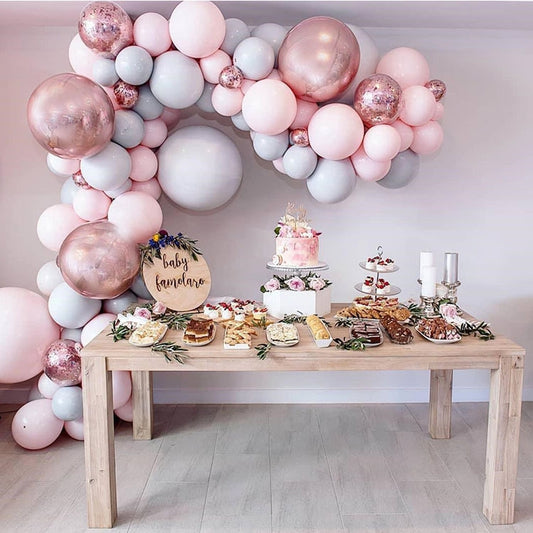 Macaron-style latex balloon set with blush, pink, rose-gold and gray arch garland