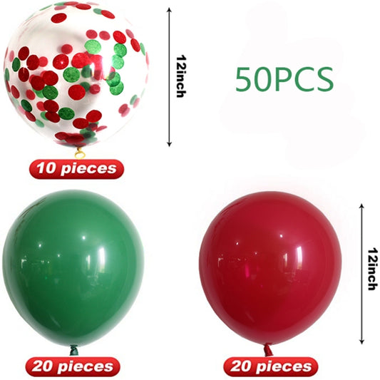 Set of red, green, and white confetti balloons in mixed sizes