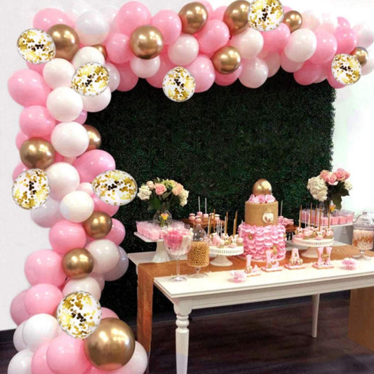 Pink balloon arch garland with gold and white confetti balloons for party backdrop