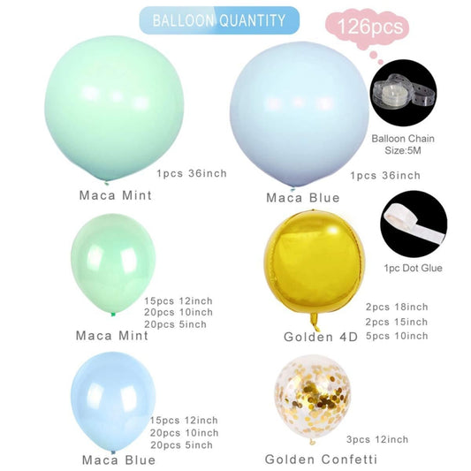 Balloon quantity and size chart with mint and blue balloon types and glue dot