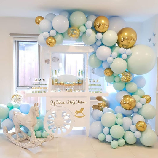 Macaron-style balloon arch kit with mint, blue, white, and gold round balloons