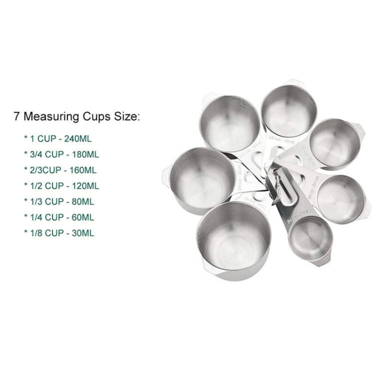 Stainless steel measuring cup set with 1/8–1 cup cups and engraved size labels