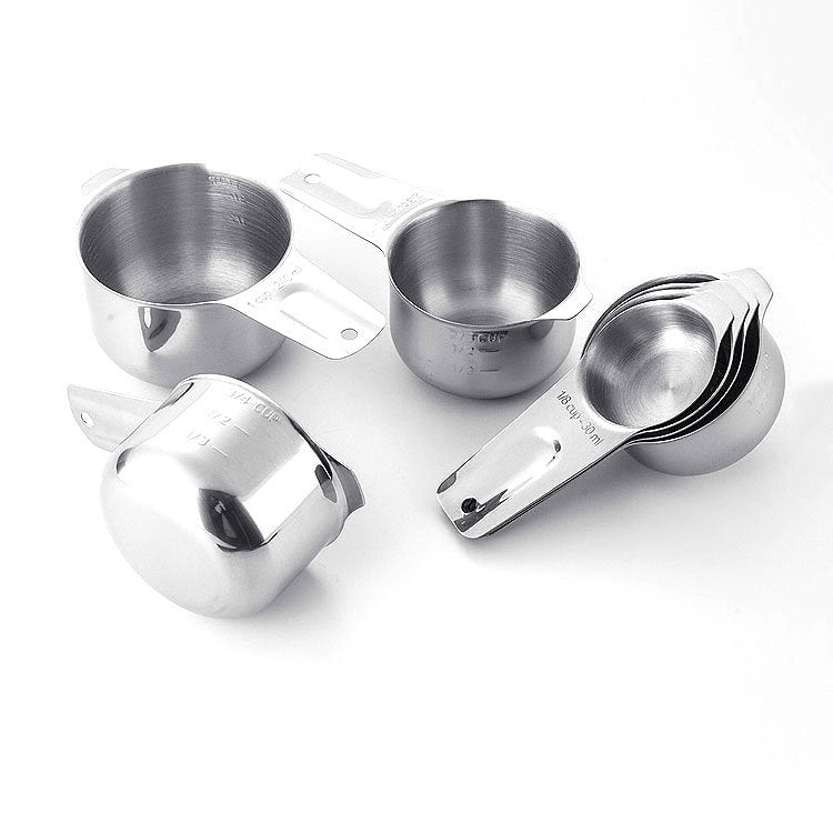 Stainless steel measuring cup set with angled cups and loop handles, nested
