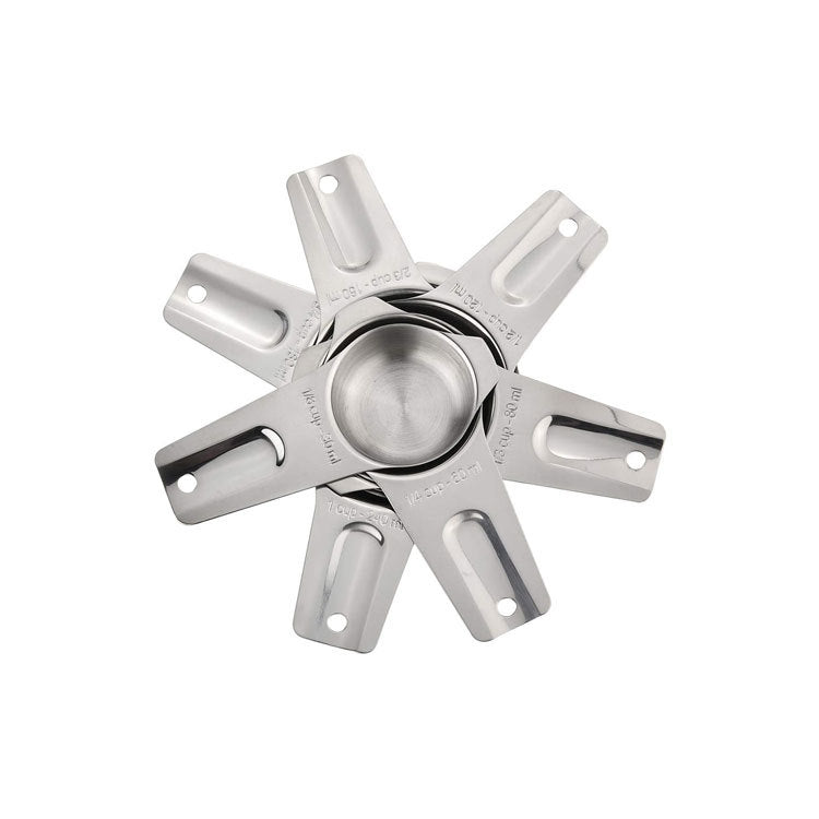 Stainless steel measuring cup set in a star layout with central cup and loop handles
