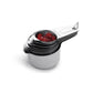 Stainless steel measuring cup stack with red ingredients in one cup, loop handle