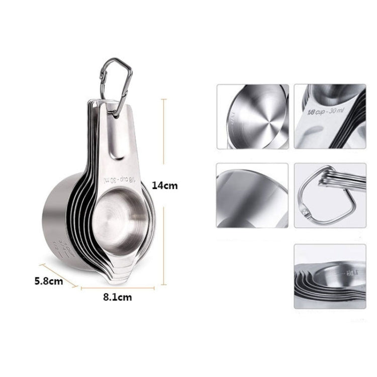Stainless steel measuring cup set with size labels (14 cm, 5.8 cm) and nested cups