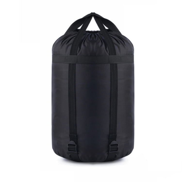 Black hanging sleeping bag storage bag with drawstring top and front webbing straps