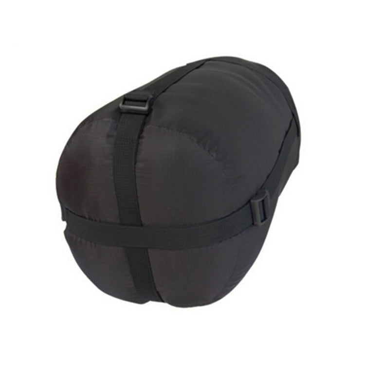 Black oval sleeping bag storage pouch with side strap and buckle closure