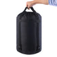 Black sleeping bag storage bag with carry handle and adjustable front compression straps