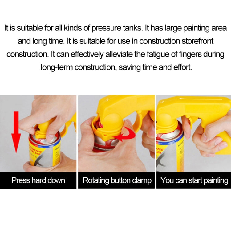 Yellow spray adaptor paint gun clamped on aerosol can, showing press and rotate use