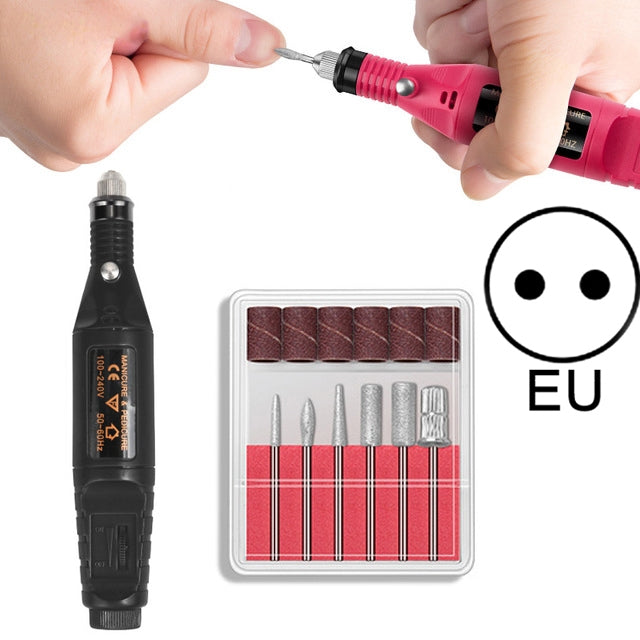 Electric nail drill kit with pink pen, sanding bits, EU marking