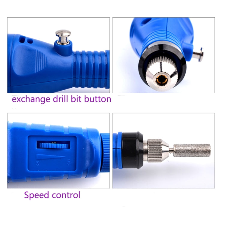 Electric nail drill kit speed control and drill bit exchange close-up