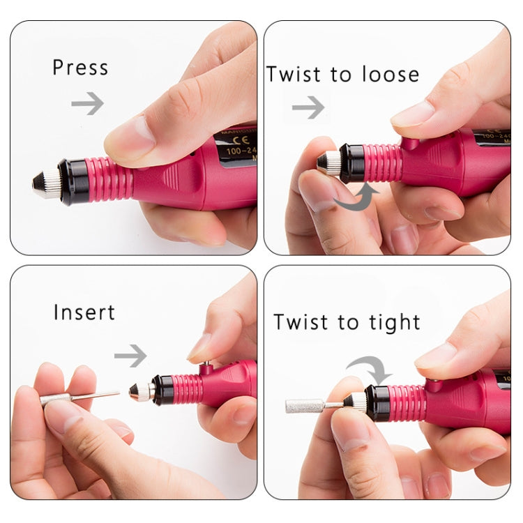 Electric nail drill kit with twist-lock pen attachment instructions