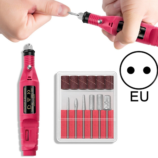 Electric nail drill kit with pink pen, sanding bits, EU marking