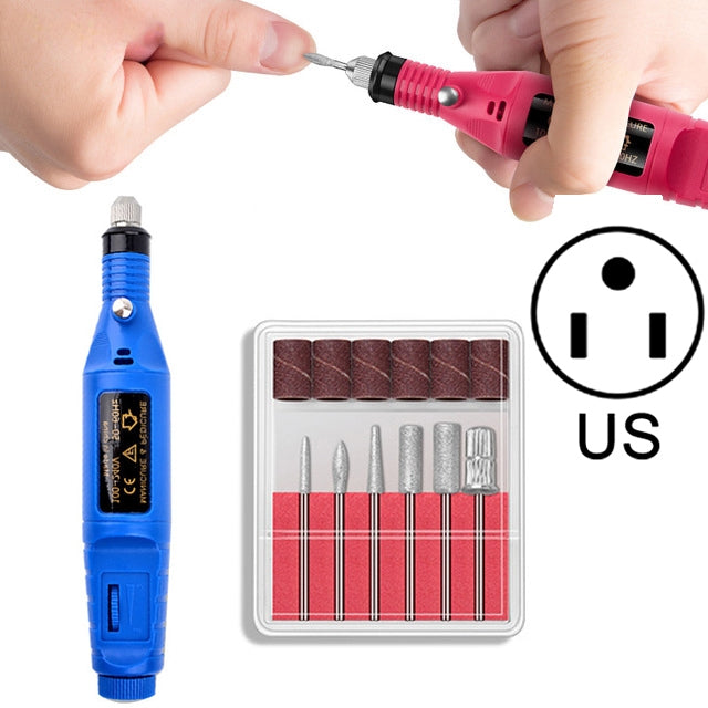 Electric nail drill kit with blue pen, sanding bits, US marking