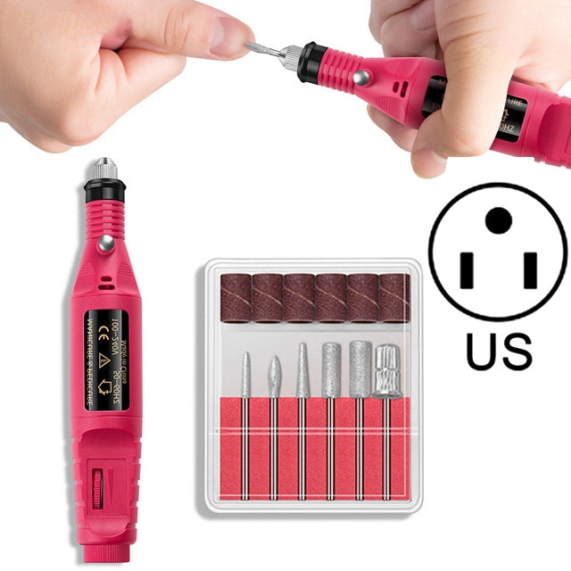 Electric nail drill kit with pink pen, sanding bits, US marking