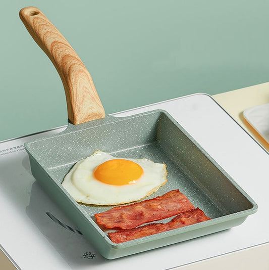 Square nonstick breakfast pan with flat bottom and speckled dark gray interior