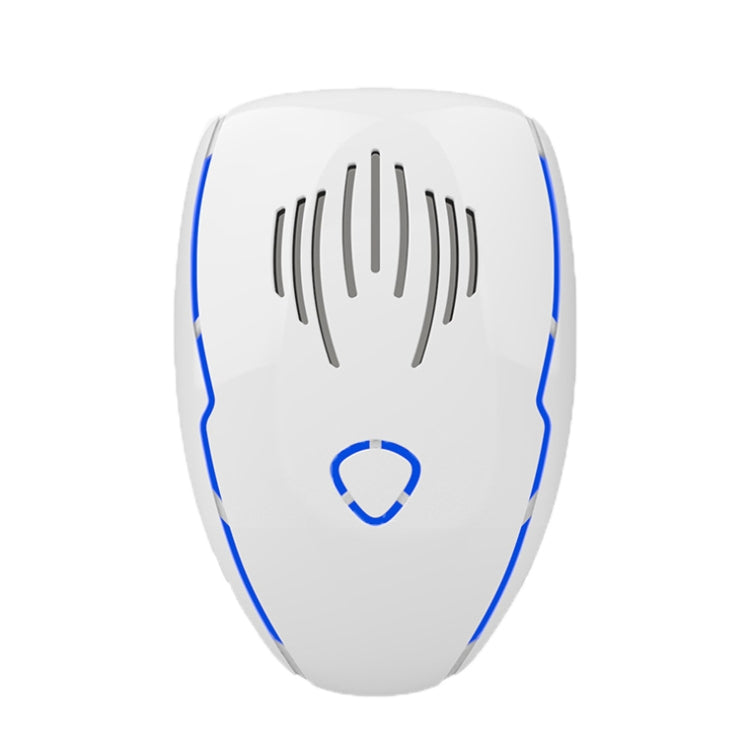 White ultrasonic electronic repellent plug-in unit with blue accents and sound vent