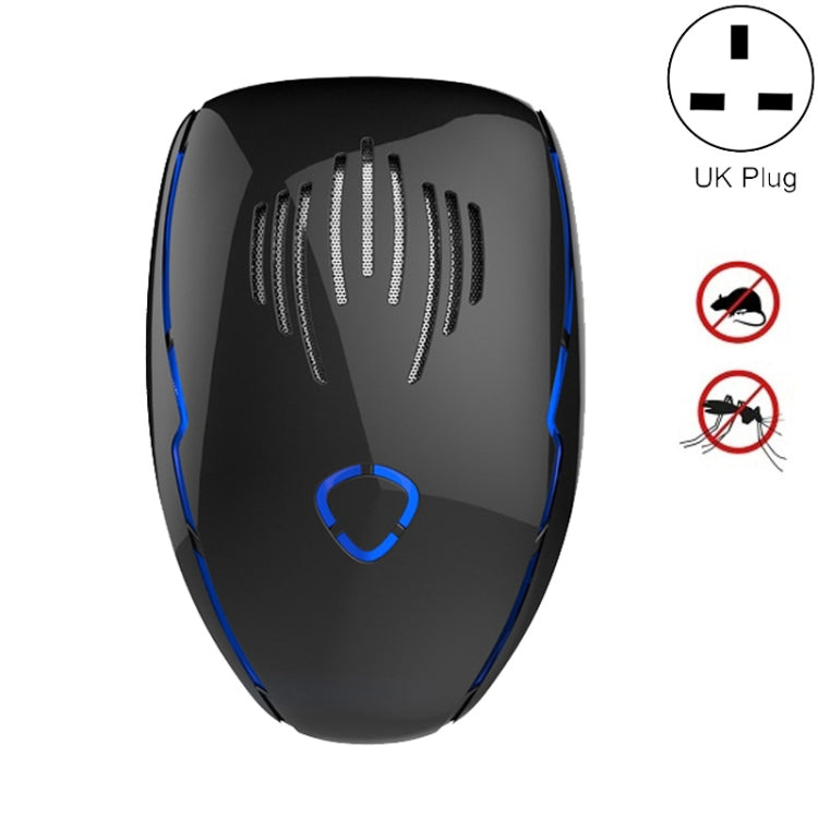 Black ultrasonic electronic repellent plug-in unit with blue accents, UK plug