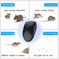 Black ultrasonic repellent device with blue light ring, shown in stages infographic